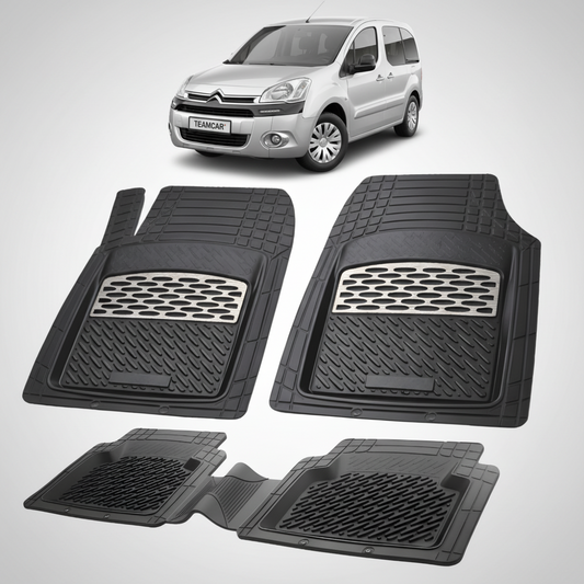set de covorase din cauciuc negre cu accente gri cu un citroen berlingo generatia ii gri in fundal