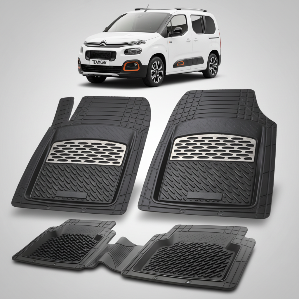 set de covorase din cauciuc negre cu accente gri cu un citroen berlingo generatia iii alb in fundal