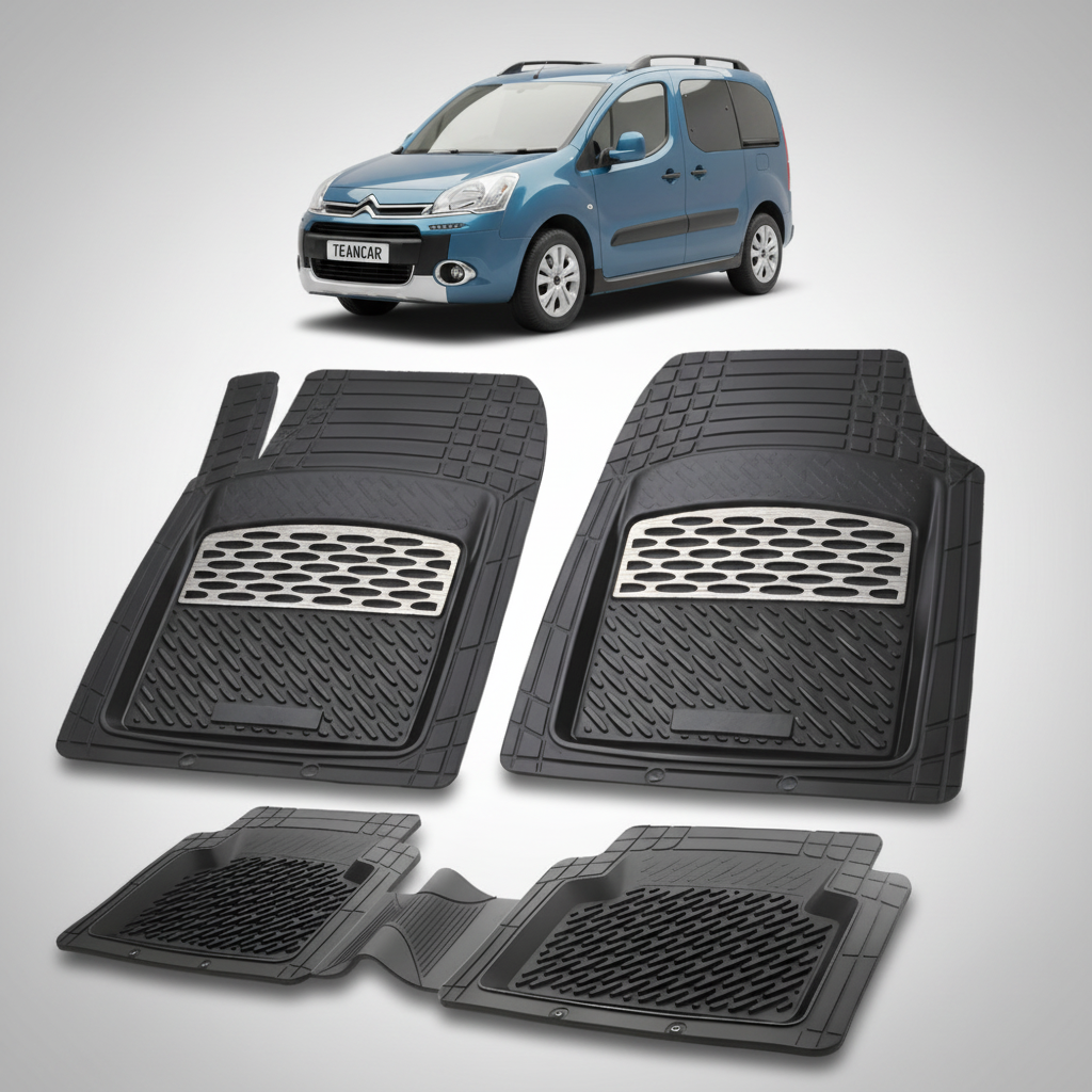 set de covorase din cauciuc negre cu accente gri cu un citroen berlingo passenger gen 2 albastru in fundal