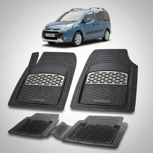 set de covorase din cauciuc negre cu accente gri cu un citroen berlingo passenger gen 2 albastru in fundal