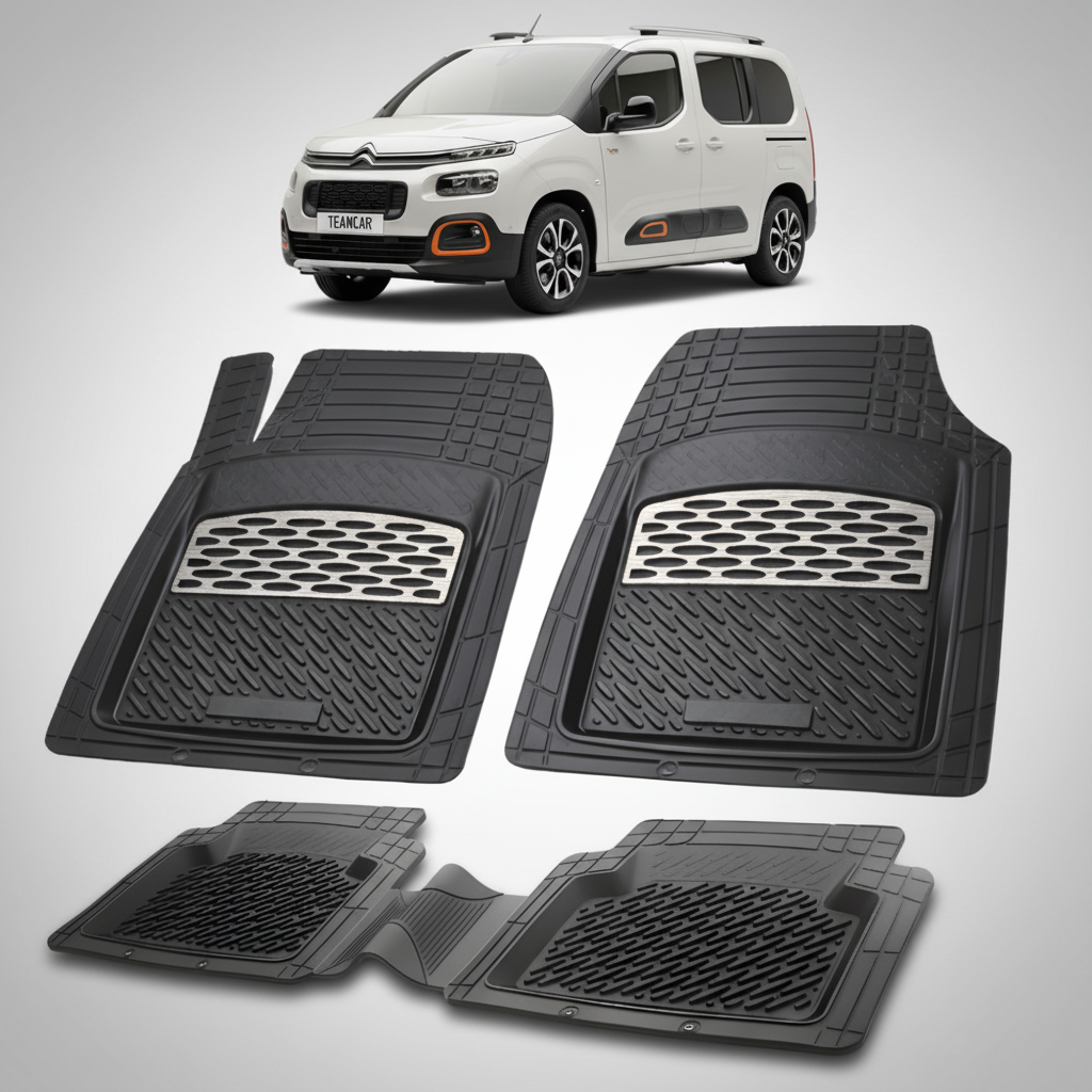set de covorase din cauciuc negre cu accente gri cu un citroen berlingo passenger gen 3 alb in fundal