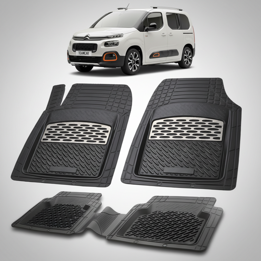 set de covorase din cauciuc negre cu accente gri cu un citroen berlingo passenger gen 3 alb in fundal
