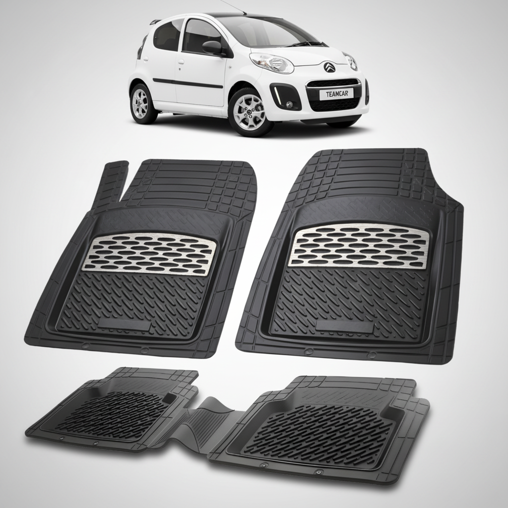 set de covorase din cauciuc negre cu accente gri cu un citroen c1 generatia i alb in fundal