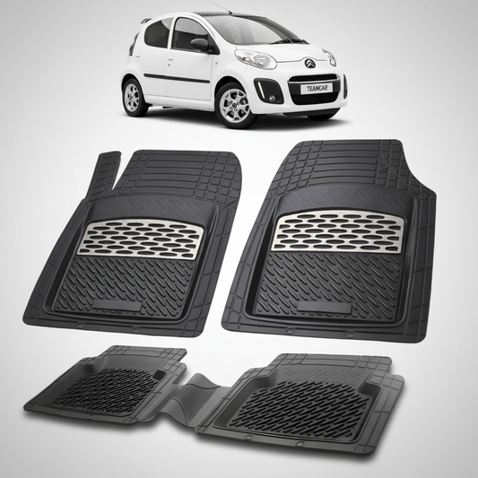set de covorase din cauciuc negre cu accente gri cu un citroen c1 generatia i alb in fundal