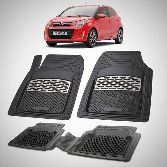 set de covorase din cauciuc negre cu accente gri cu un citroen c1 generatia ii rosu in fundal