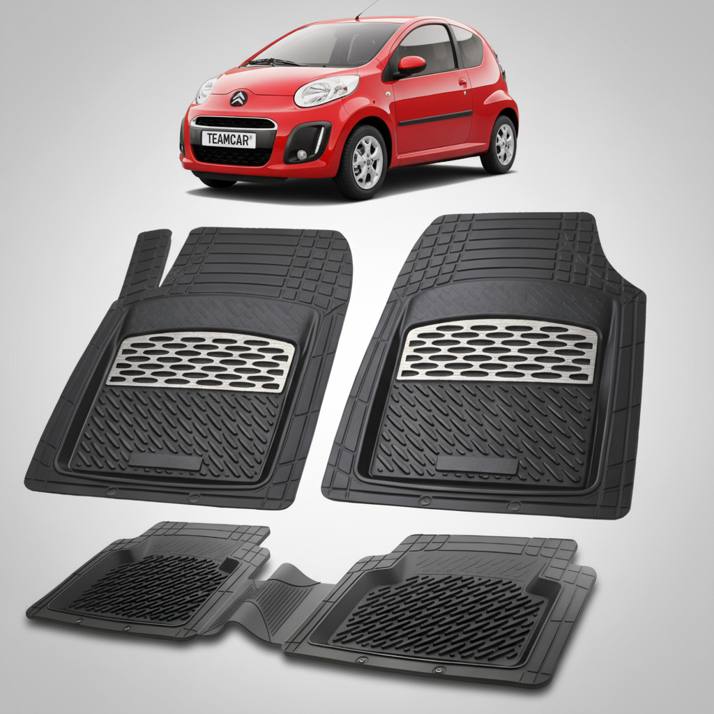 set de covorase din cauciuc negre cu accente gri cu un citroen c1 hatchback facelift rosu in fundal
