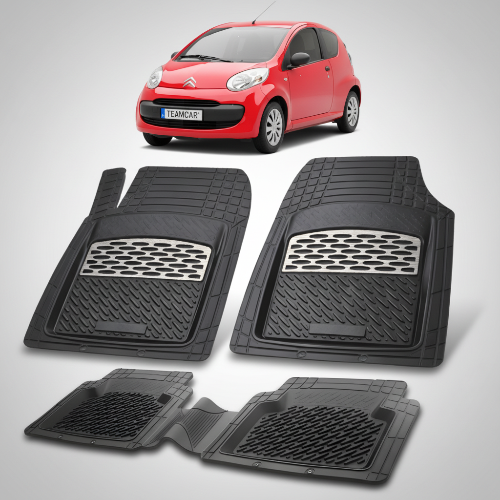 set de covorase din cauciuc negre cu accente gri cu un citroen c1 hatchback pre-facelift rosu in fundal