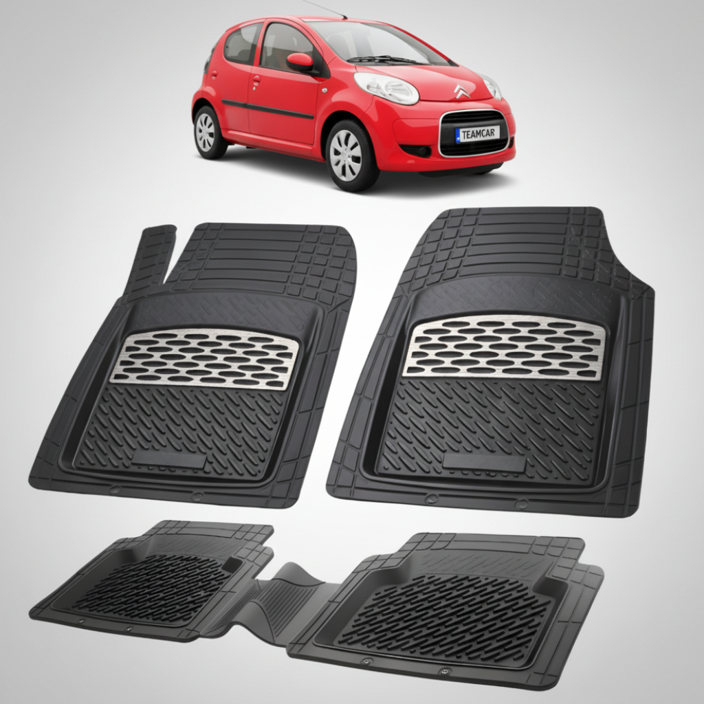 set de covorase din cauciuc negre cu accente gri cu un citroen c1 hatchback facelift rosu in fundal