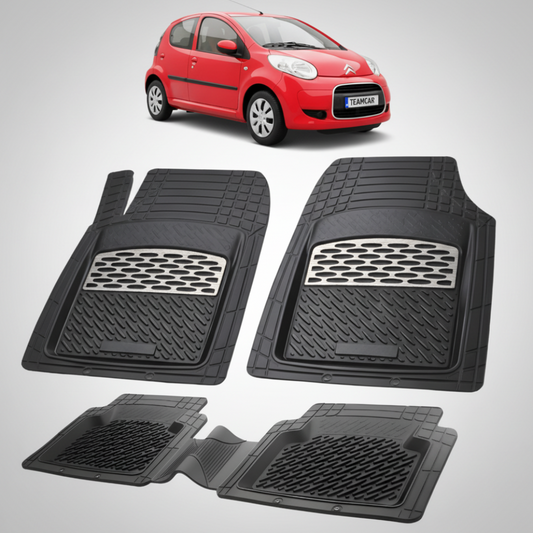 set de covorase din cauciuc negre cu accente gri cu un citroen c1 hatchback facelift rosu in fundal
