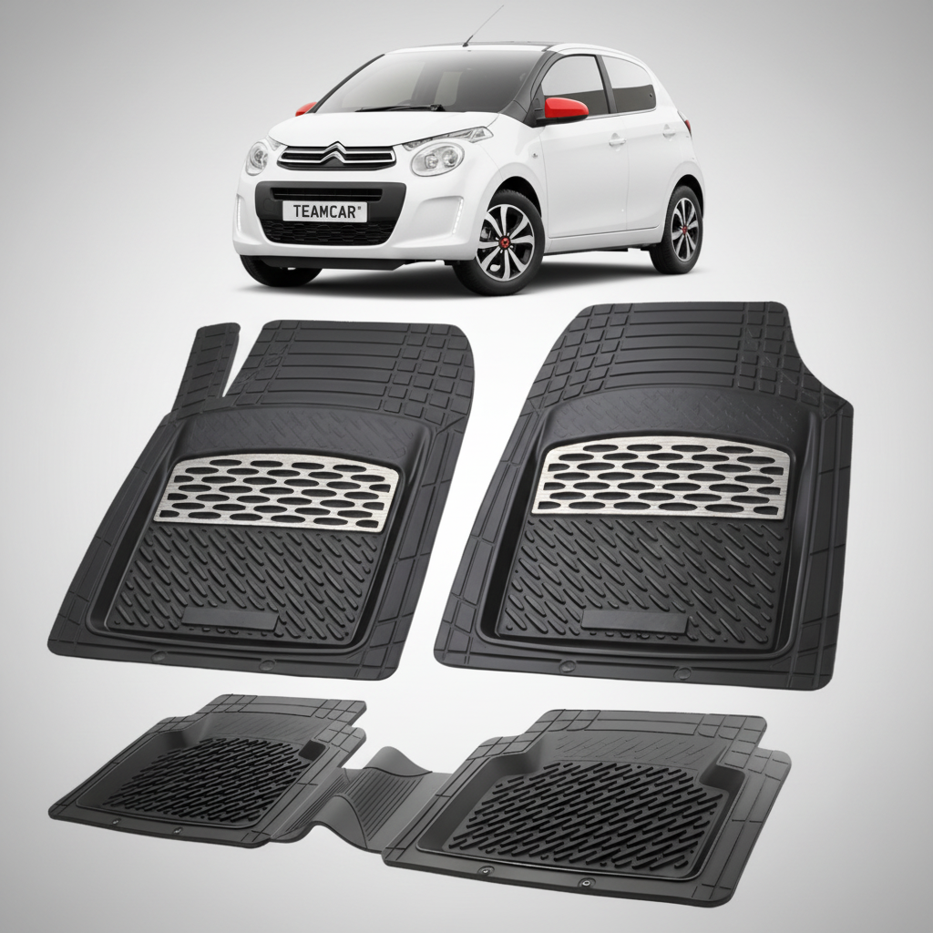 set de covorase din cauciuc negre cu accente gri cu un citroen c1 hatchback generatia ii alb in fundal