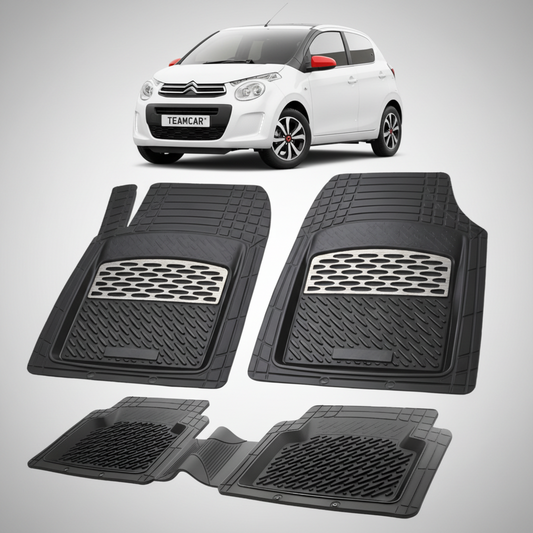 set de covorase din cauciuc negre cu accente gri cu un citroen c1 hatchback generatia ii alb in fundal