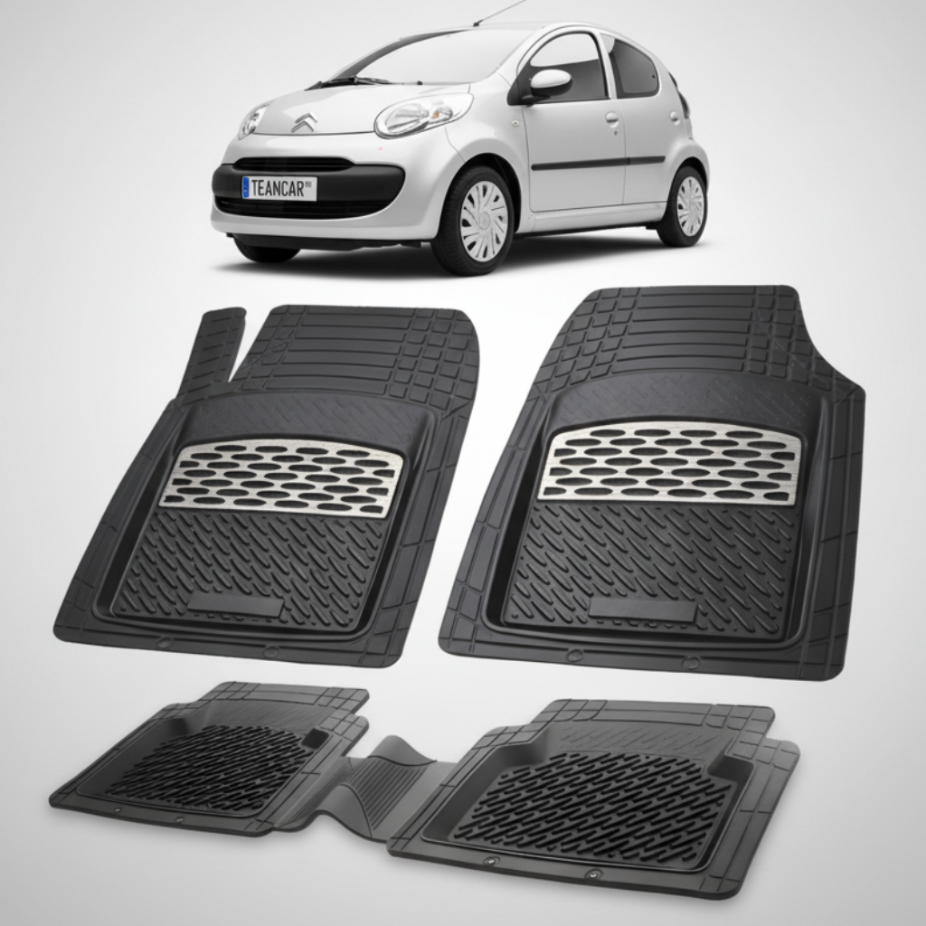 set de covorase din cauciuc negre cu accente gri cu un citroen c1 hatchback pre-facelift argintiu in fundal