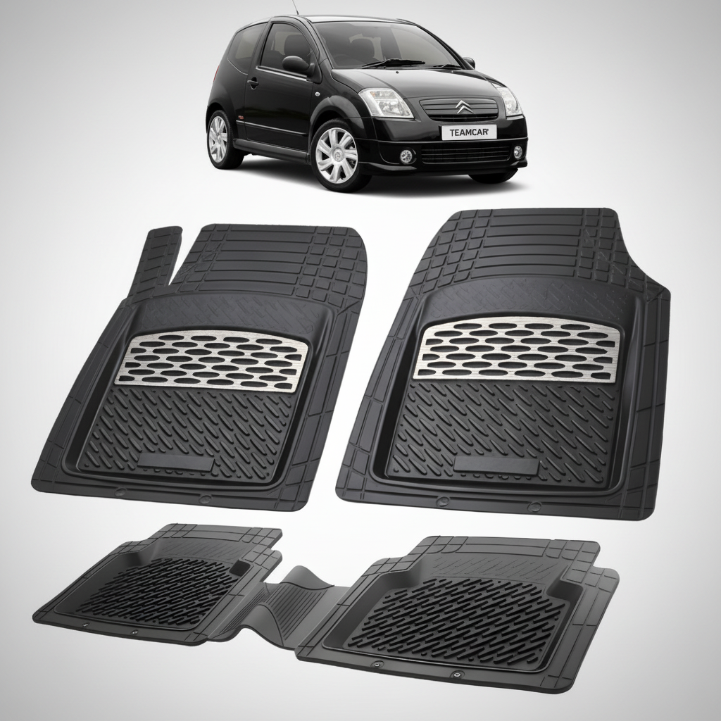 set de covorase din cauciuc negre cu accente gri cu un citroen c2 generatia i negru in fundal