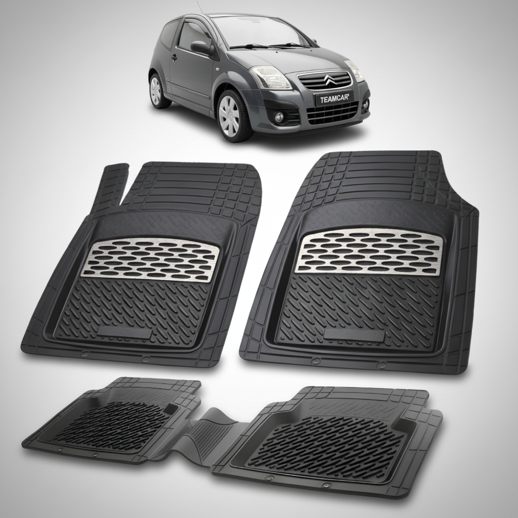 set de covorase din cauciuc negre cu accente gri cu un citroen c2 hatchback facelift negru in fundal