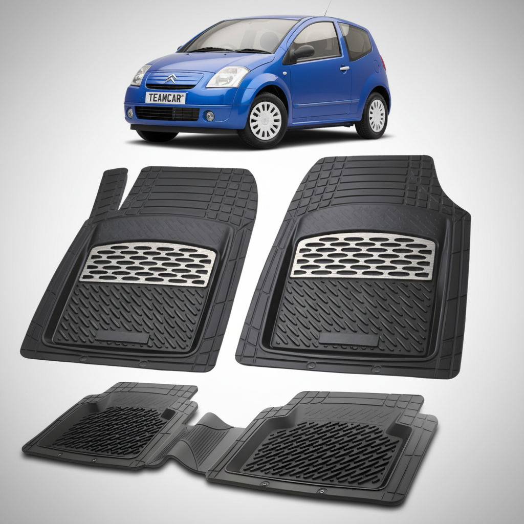 set de covorase din cauciuc negre cu accente gri cu un citroen c2 hatchback pre-facelift albastru in fundal