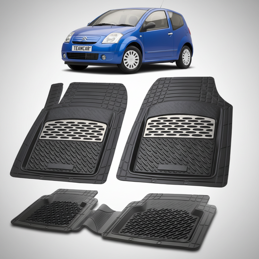 set de covorase din cauciuc negre cu accente gri cu un citroen c2 hatchback pre-facelift albastru in fundal