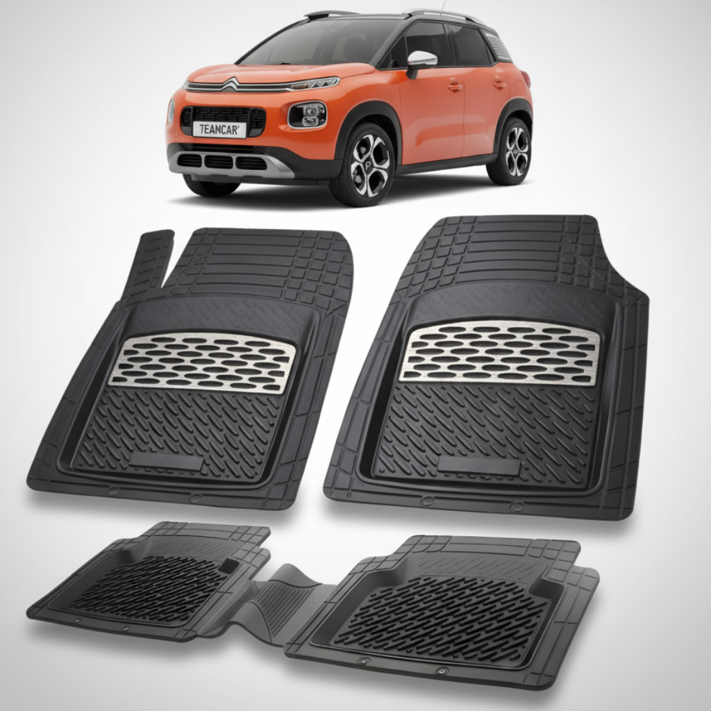 set de covorase din cauciuc negre cu accente gri cu un citroen aircross generatia i portocaliu in fundal