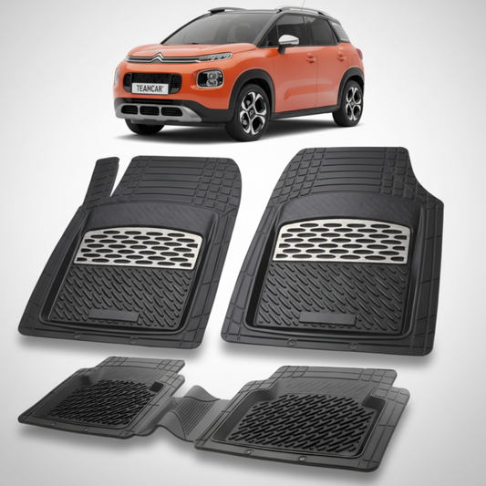 set de covorase din cauciuc negre cu accente gri cu un citroen aircross generatia i portocaliu in fundal