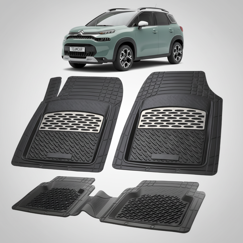 set de covorase din cauciuc negre cu accente gri cu un citroen c3 aircross suv facelift verde in fundal