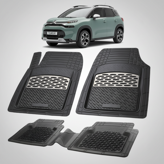 set de covorase din cauciuc negre cu accente gri cu un citroen c3 aircross suv facelift verde in fundal