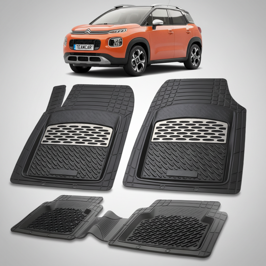 set de covorase din cauciuc negre cu accente gri cu un citroen c3 aircross suv gen 1 portocaliu in fundal