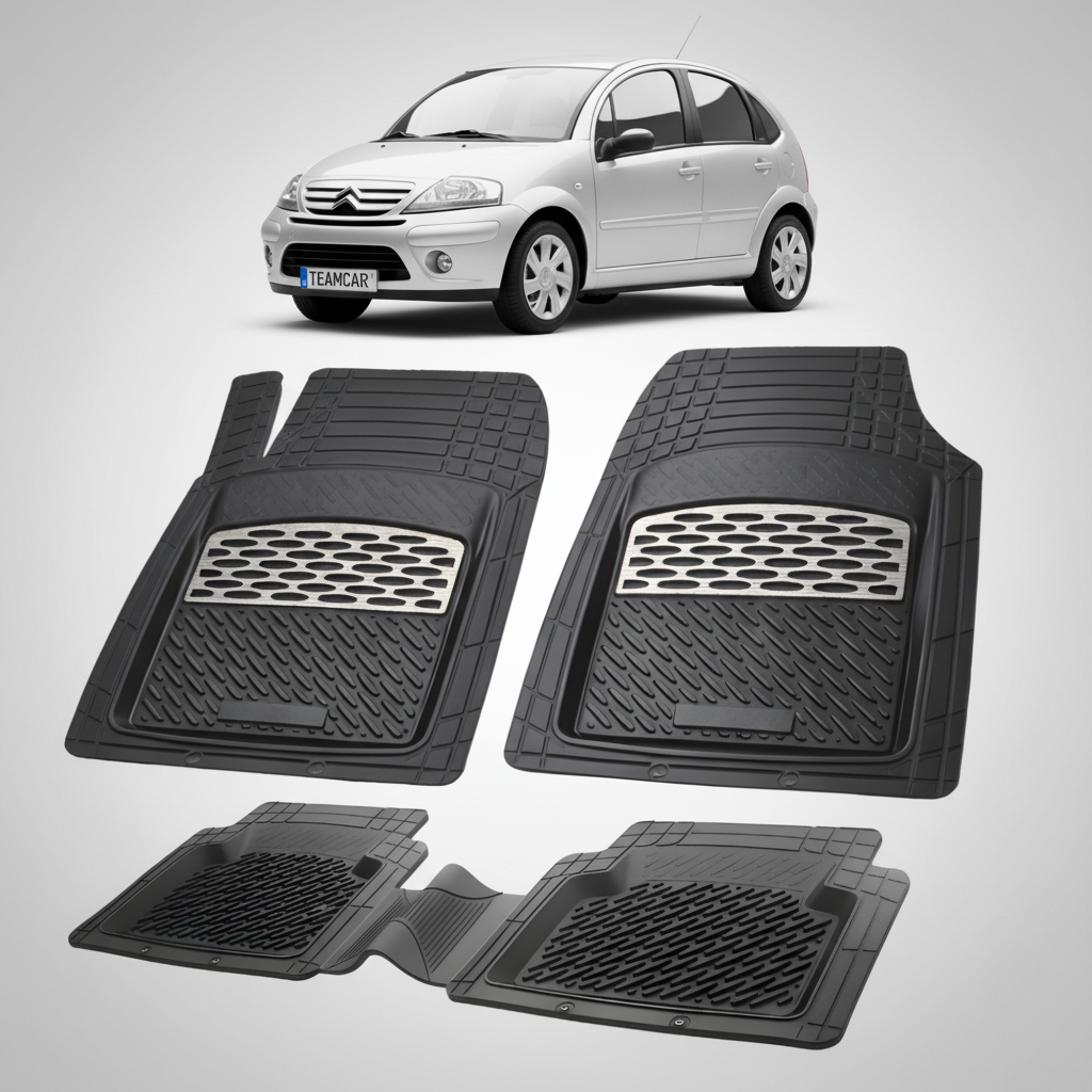 set de covorase din cauciuc negre cu accente gri cu un citroen c3 generatia i argintiu in fundal