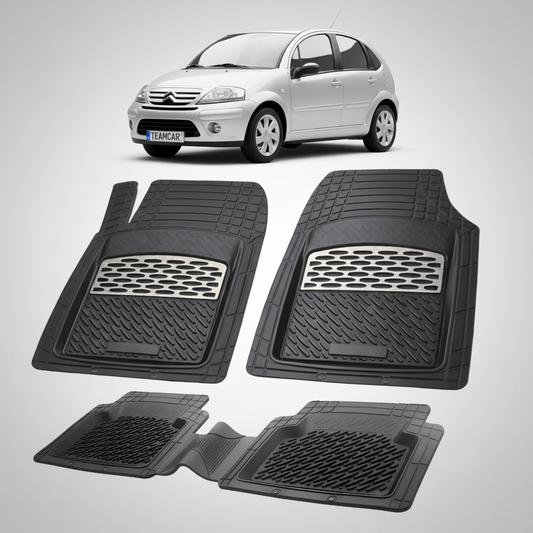 set de covorase din cauciuc negre cu accente gri cu un citroen c3 generatia i argintiu in fundal