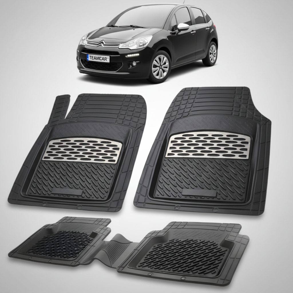 set de covorase din cauciuc negre cu accente gri cu un citroen c3 generatia ii neagra in fundal