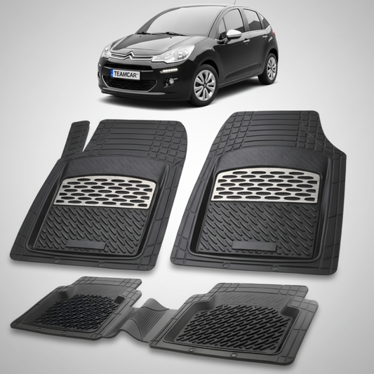 set de covorase din cauciuc negre cu accente gri cu un citroen c3 generatia ii neagra in fundal