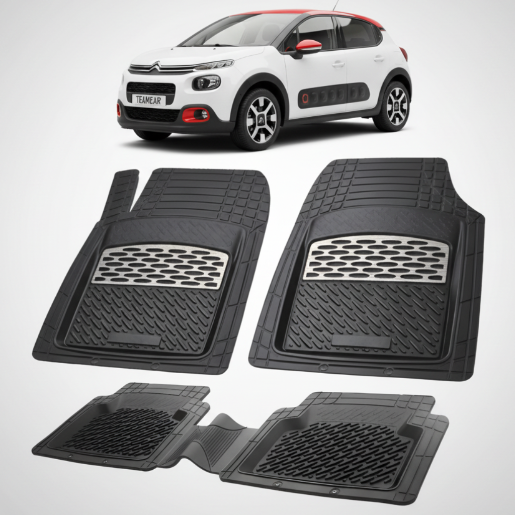 set de covorase din cauciuc negre cu accente gri cu un citroen c3 generatia iii alb in fundal
