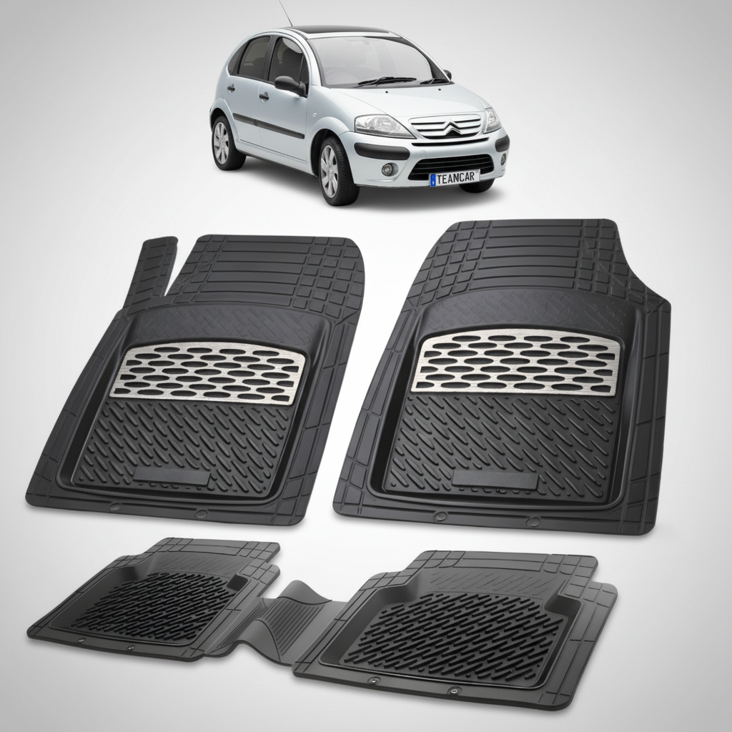 set de covorase din cauciuc negre cu accente gri cu un citroen c3 hatchback facelift gri in fundal