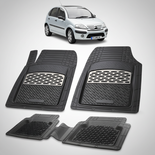 set de covorase din cauciuc negre cu accente gri cu un citroen c3 hatchback facelift gri in fundal