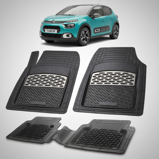 set de covorase din cauciuc negre cu accente gri cu un citroen c3 hatchback facelift verde in fundal
