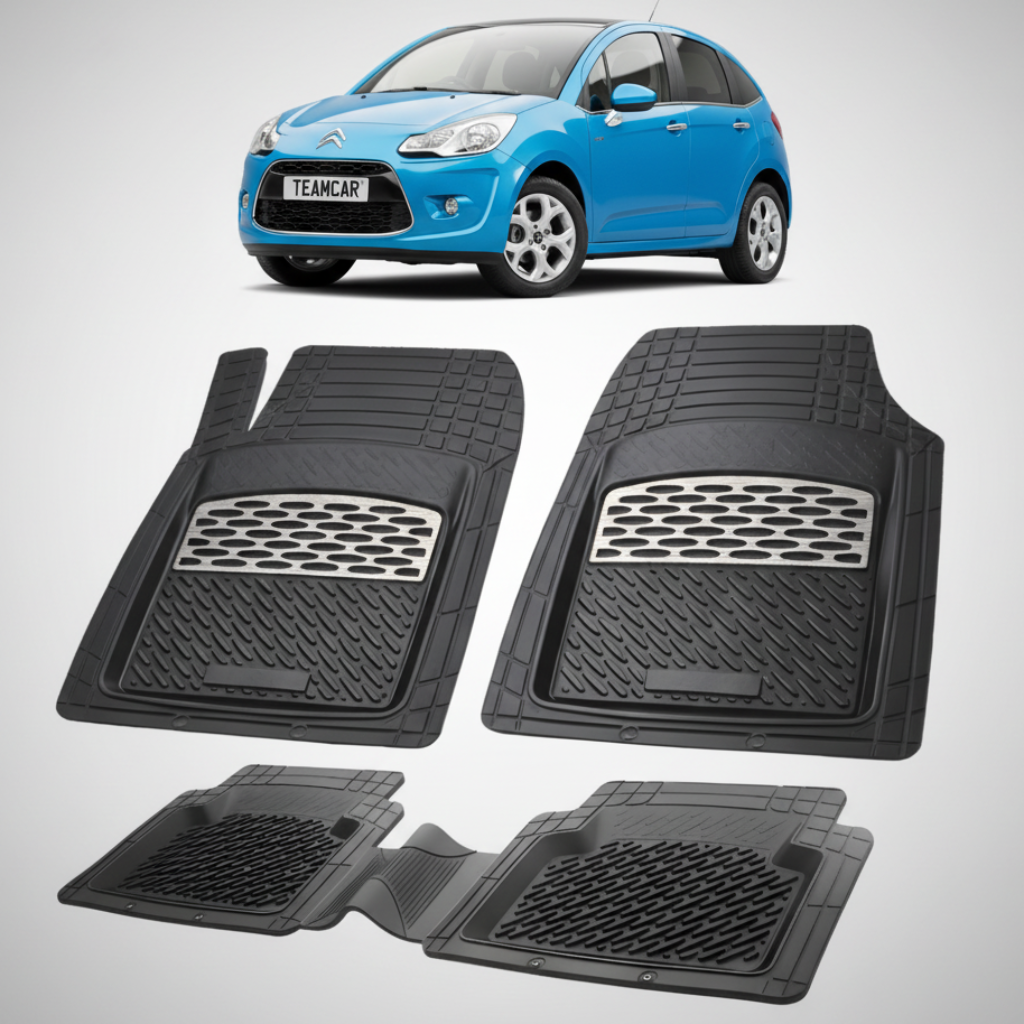 set de covorase din cauciuc negre cu accente gri cu un citroen c3 hatchback generatia 2 albastru in fundal