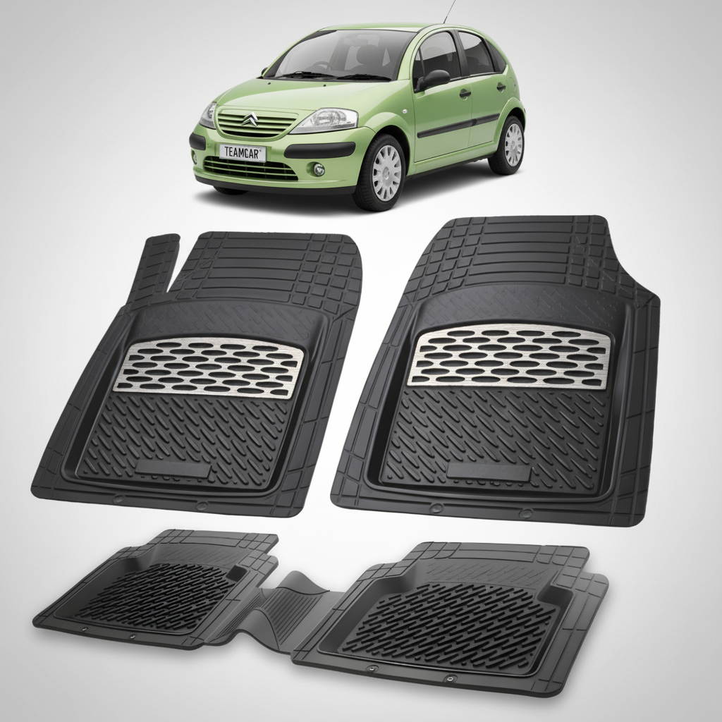 set de covorase din cauciuc negre cu accente gri cu un citroen c3 hatchback pre-facelift verde in fundal