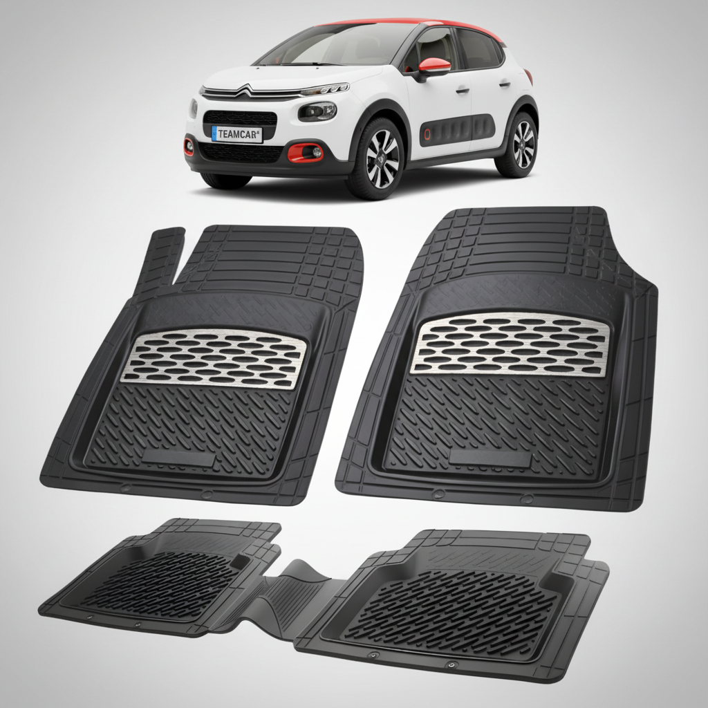 set de covorase din cauciuc negre cu accente gri cu un citroen c3 hatchback pre-facelift alb in fundal