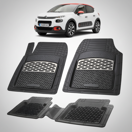 set de covorase din cauciuc negre cu accente gri cu un citroen c3 hatchback pre-facelift alb in fundal