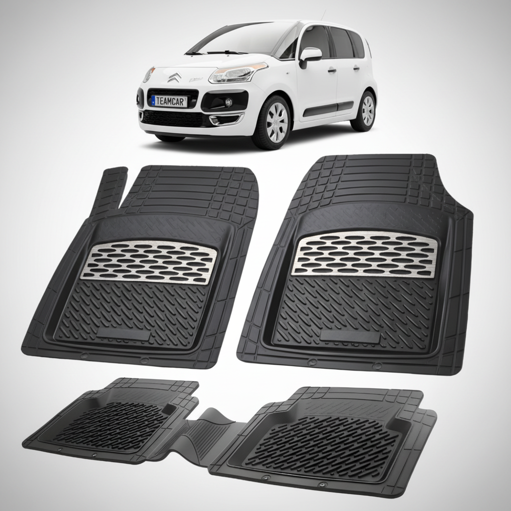 set de covorase din cauciuc negre cu accente gri cu un citroen c3 picasso mpv generatia 1 alb in fundal