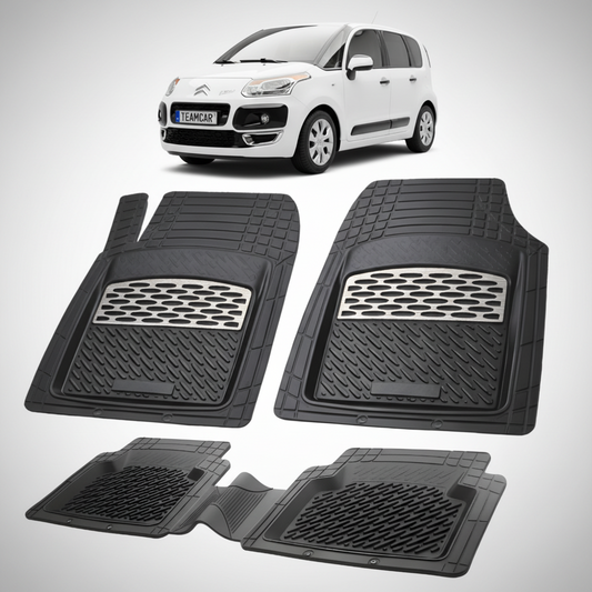 set de covorase din cauciuc negre cu accente gri cu un citroen c3 picasso mpv generatia 1 alb in fundal
