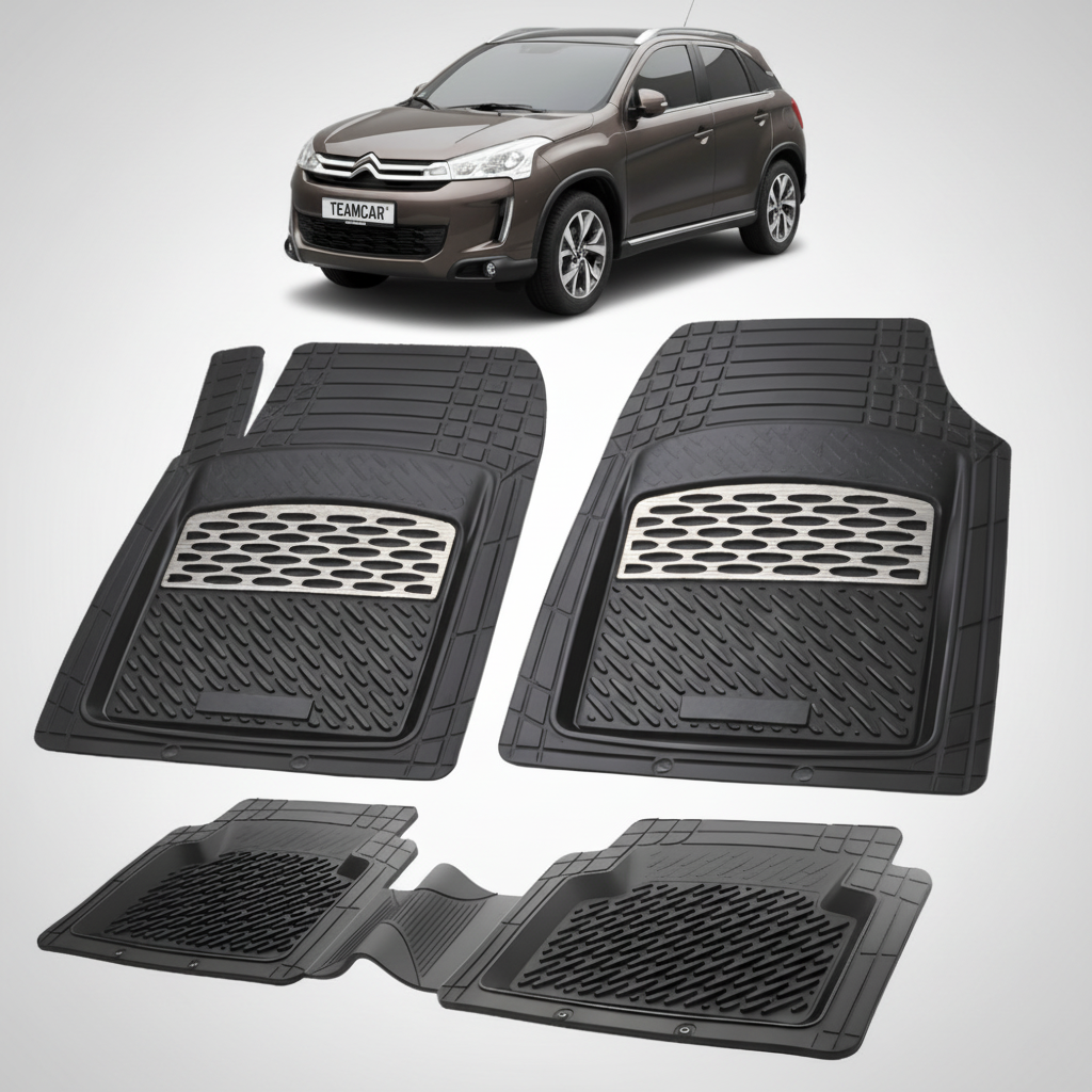 set de covorase din cauciuc negre cu accente gri cu un citroen c4 aircross suv gen 1 maro in fundal