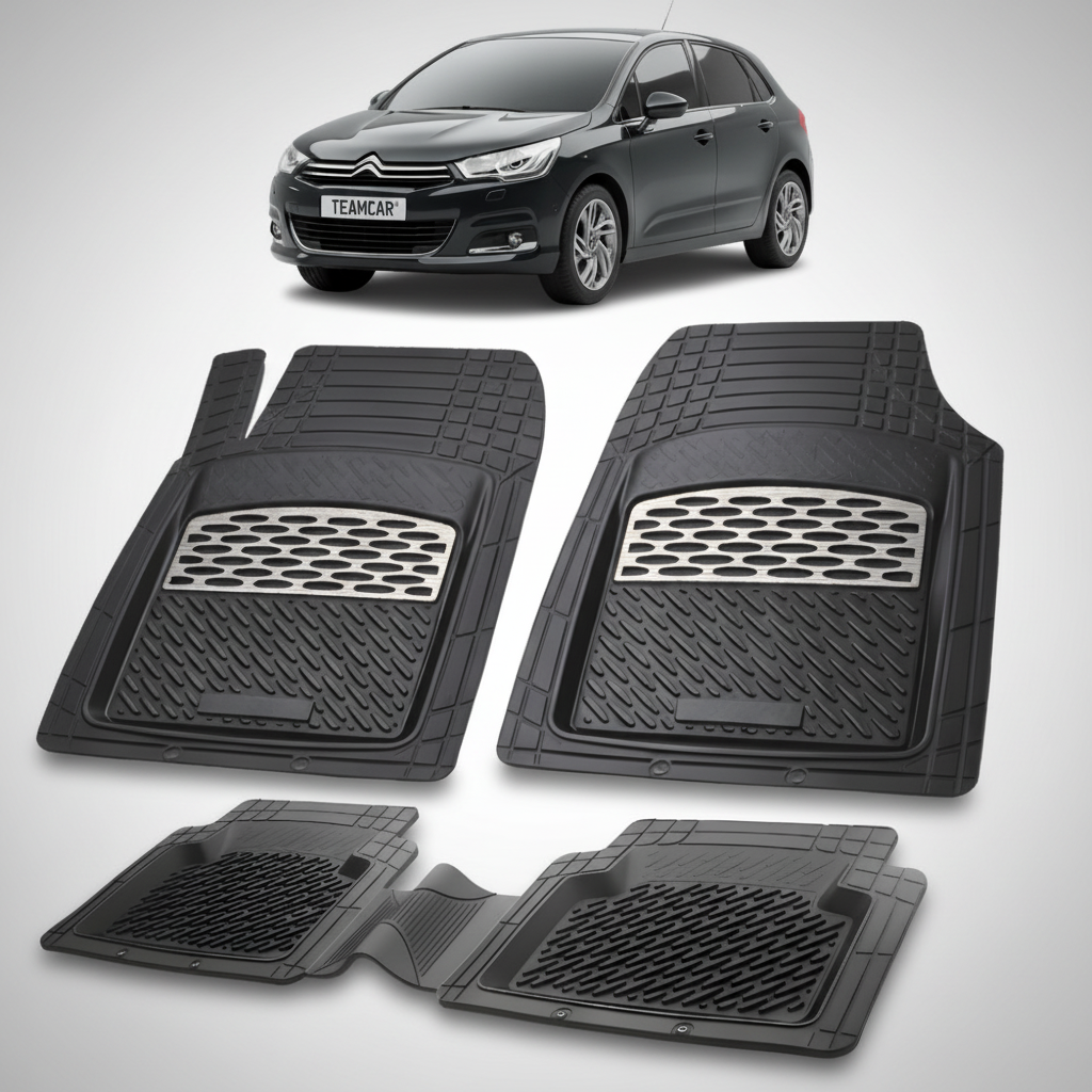 set de covorase din cauciuc negre cu accente gri cu un citroen c4 generatia ii negru in fundal