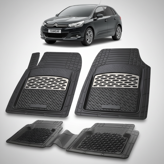 set de covorase din cauciuc negre cu accente gri cu un citroen c4 generatia ii negru in fundal