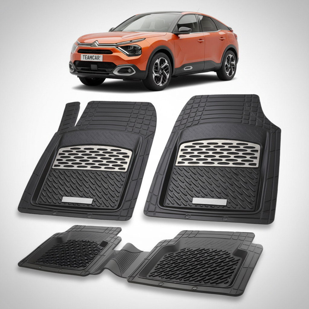 set de covorase din cauciuc negre cu accente gri cu un citroen c4 generatia iii portocaliu in fundal