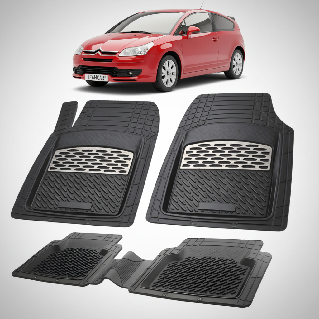 set de covorase din cauciuc negre cu accente gri cu un citroen c4 generatia i rosu in fundal