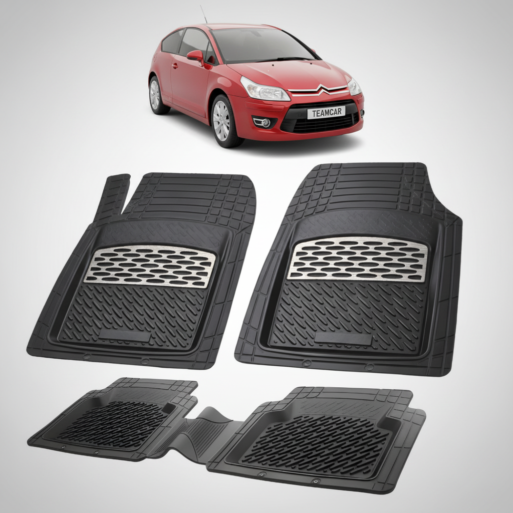 set de covorase din cauciuc negre cu accente gri cu un citroen c4 hatchback 3 usi facelift rosu in fundal