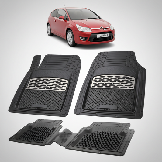 set de covorase din cauciuc negre cu accente gri cu un citroen c4 hatchback 3 usi facelift rosu in fundal