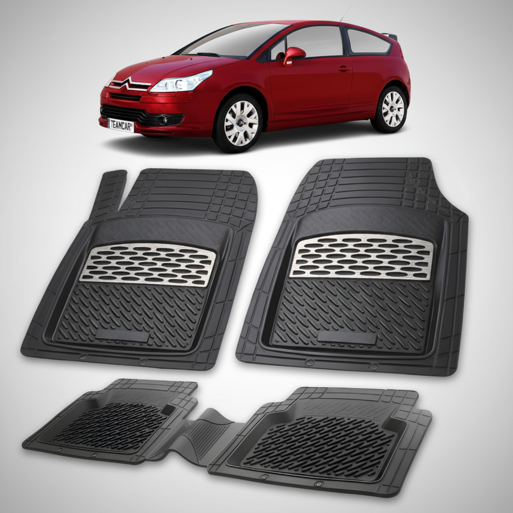 set de covorase din cauciuc negre cu accente gri cu un citroen c4 hatchback 3 usi pre-facelift rosu in fundal