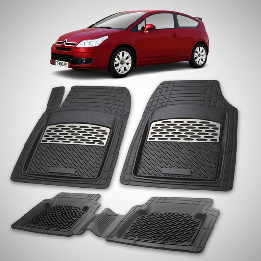 set de covorase din cauciuc negre cu accente gri cu un citroen c4 hatchback 3 usi pre-facelift rosu in fundal