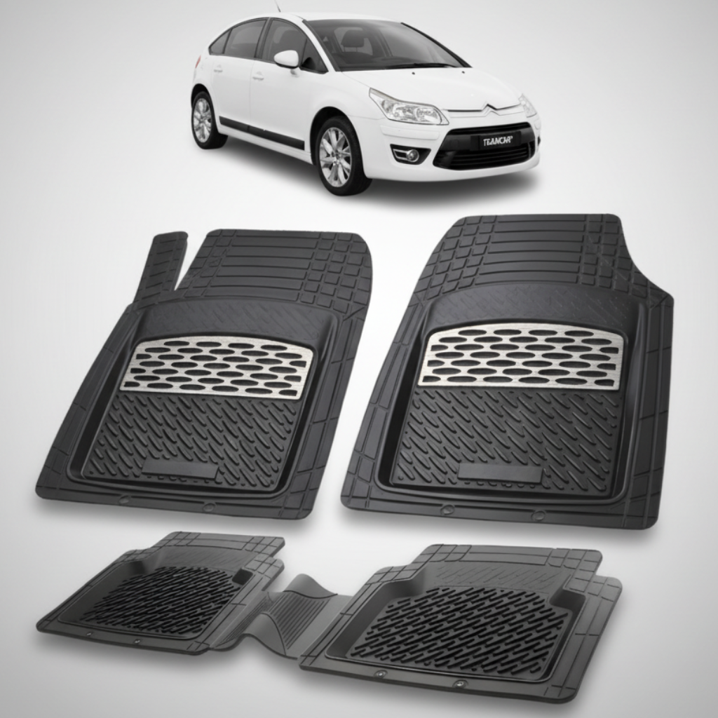 set de covorase din cauciuc negre cu accente gri cu un citroen c4 hatchback 5 usi facelift alb in fundal