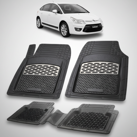 set de covorase din cauciuc negre cu accente gri cu un citroen c4 hatchback 5 usi facelift alb in fundal